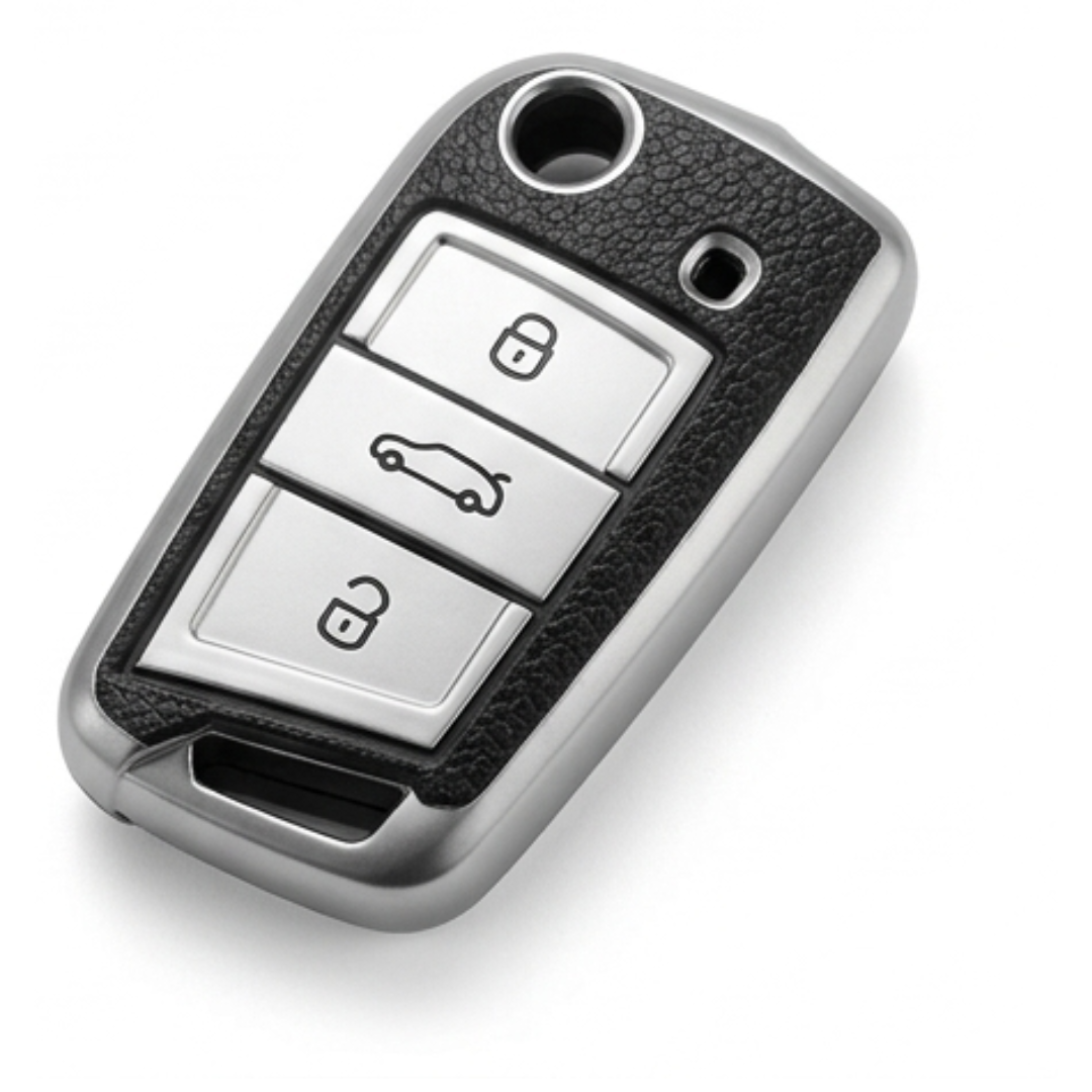 Coque de clé voiture élégante 3 boutons avec finition cuir compatible VW, Skoda, Seat