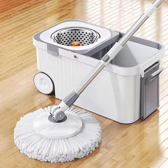 balai rotative à 360° Ensemble d'outils de nettoyage manuel en acier inoxydable, vadrouille rotative 2 en 1 et seau avec roues, bassin suspendu amovible, conception peu encombrante, Portable