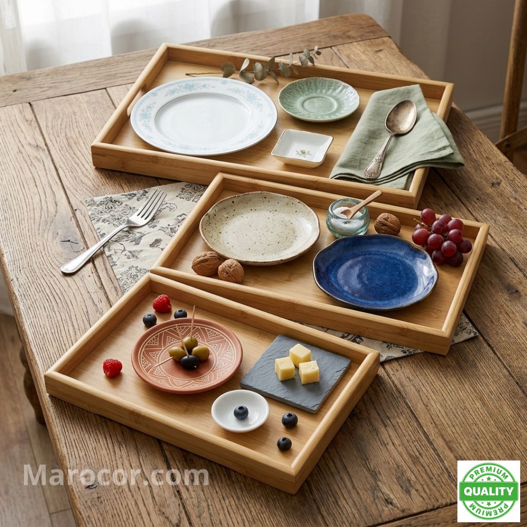 Lot de 3 Plateaux de Service en Bambou Naturel – Plateaux Rectangulaires Encastrables pour Cuisine, Café et Décoration