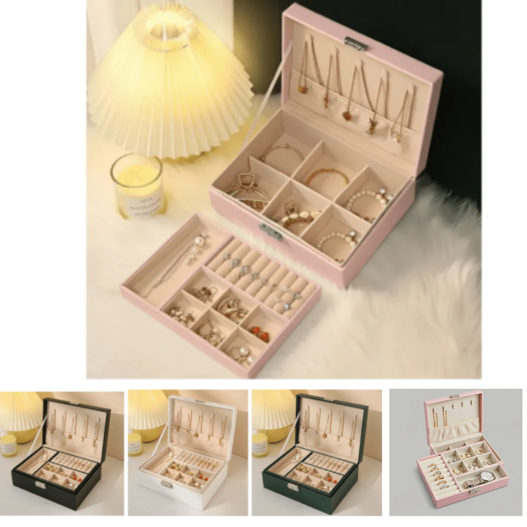 Coffret cuir double pour bijoux – Rangement pratique pour bagues, boucles et colliers (colleur désigne  aléatoire)