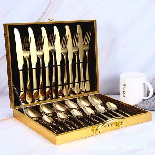 Ensemble de couverts en inox 24 pièces, service pour 6 personnes avec boîte de rangement en bois.