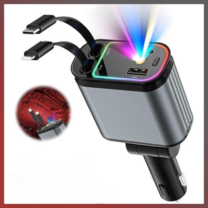 Chargeur de Voiture 4-en-1 USB-A + USB-C - Adaptateur Allume-Cigare Charge Rapide avec Câbles Rétractables Type-C & iP et Éclairage Ciel Étoilé