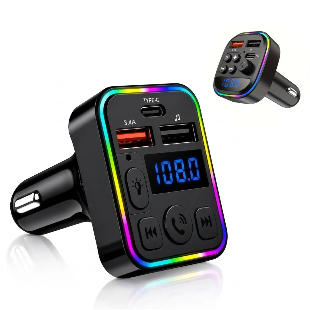 جهاز إرسال FM بلوتوث للسيارة مع مشغل MP3 وشاحن USB من النوع C (تعيين عشوائي)