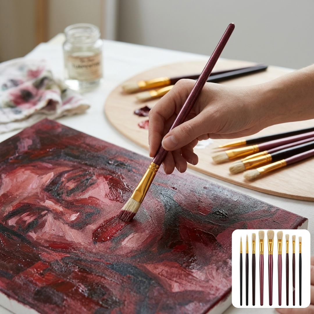 Ensemble de Pinceaux de Peinture 9 Pièces avec Manche en Bois – Kit pour Acrylique, Aquarelle et Huile