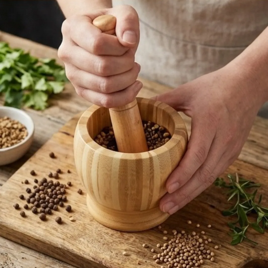 Mortier et pilon en bambou naturel pour épices et herbes