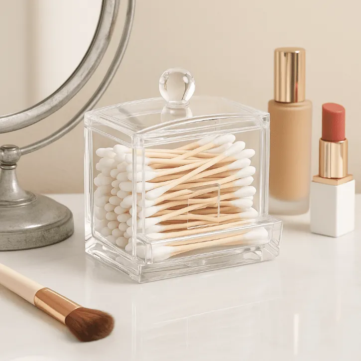 Boîte transparente de rangement et distributeur pour cotons-tiges